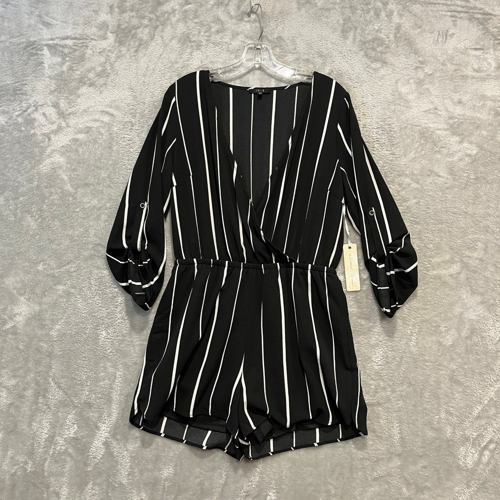 Iris Romper Women Large Black White Striped V-Neck Roll Tab Sleeve